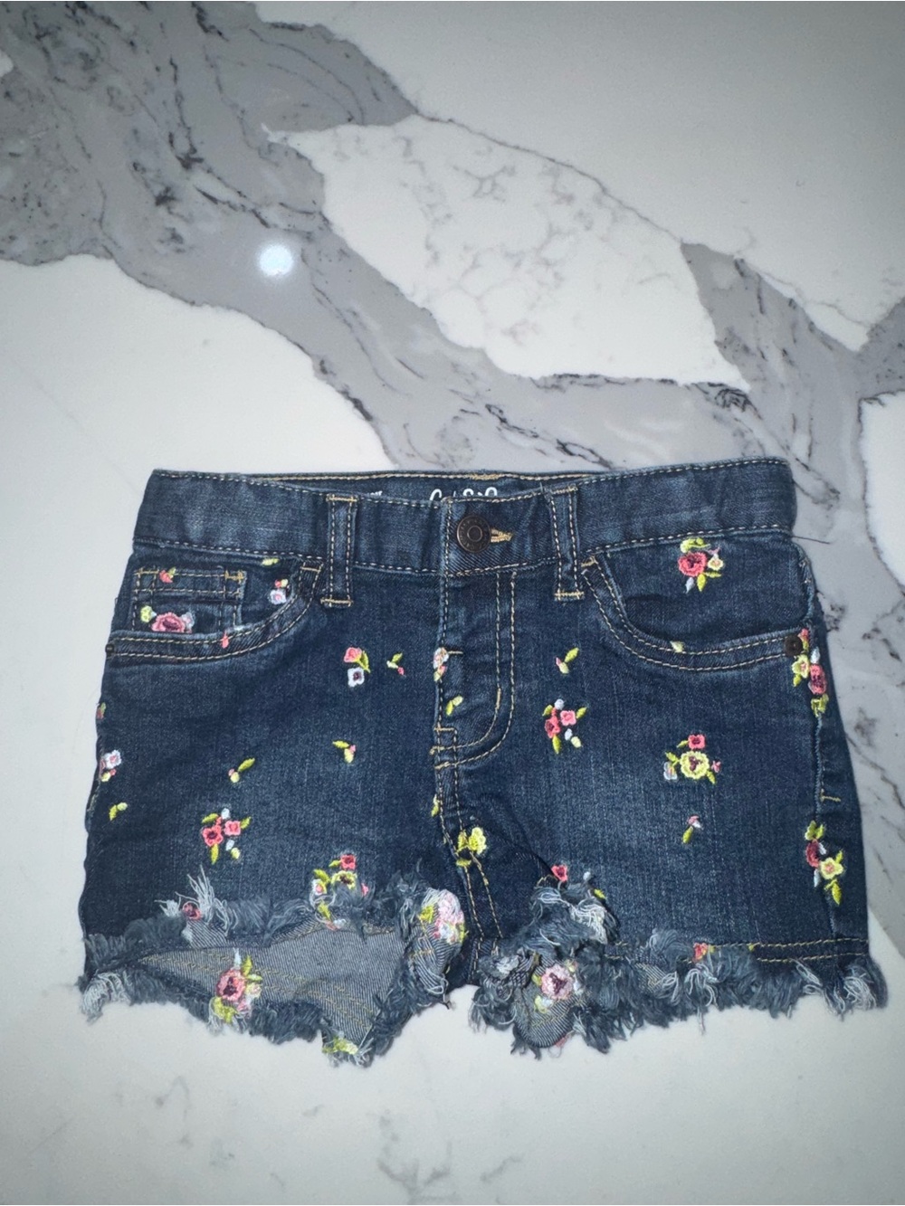 Cat & Jack Dark Blue Denim Shorts with Pink and Yellow Embroidery